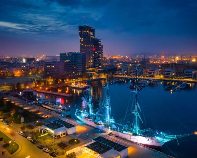 Amazing scenery of Kosciuszko Square in Gdynia by the Baltic Sea at dusk. Poland