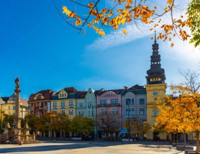 View of Masaryk Square, central square of Ostrava city overlooking Old Town Hall and Marian column on sunny autumn day, Czech Republic