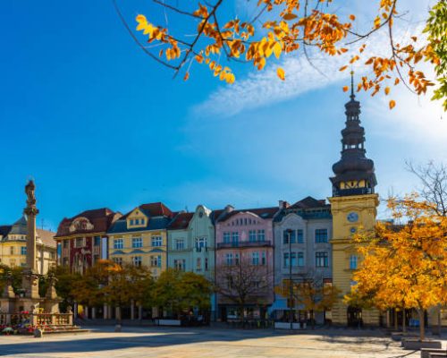 istockphoto-1193045408-612×612 View of Masaryk Square, central square of Ostrava city overlooking Old Town Hall and Marian column on sunny autumn day, Czech Republic