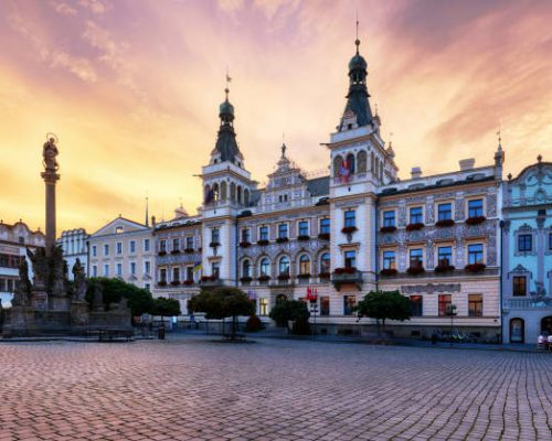 Main square with historical houses and Green Gate in Pardubice, Czech Republic Main square with historical houses and Green Gate in Pardubice, Czech Republic