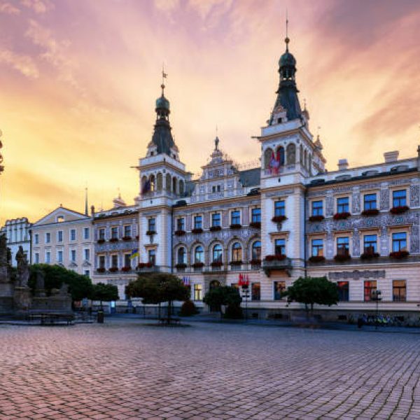 Main square with historical houses and Green Gate in Pardubice, Czech Republic Main square with historical houses and Green Gate in Pardubice, Czech Republic